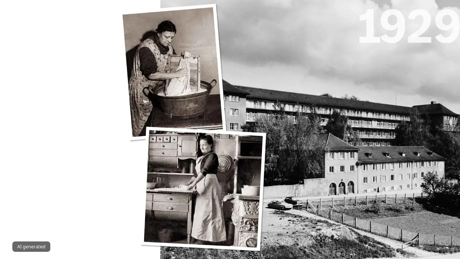 Black and white historical images of a woman washing clothes and apartment buildings from 1929.