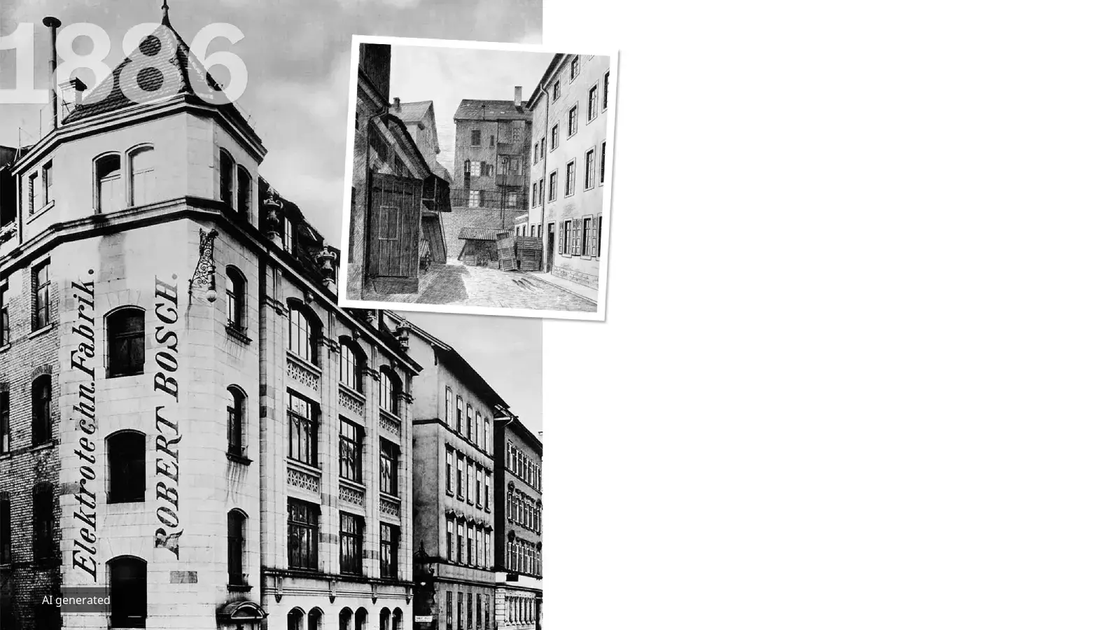 Black and white image of historic European city buildings, with an inset photo of a narrow alley.