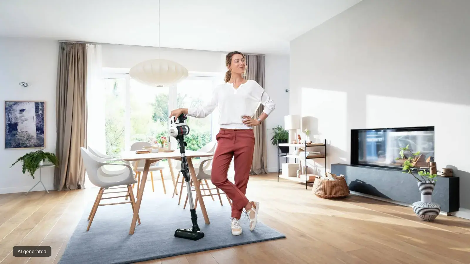 A woman stands smiling in a bright, modern living room, leaning on a black and silver Bosch cordless stick vacuum cleaner. The room has a dining table, a fireplace, and large windows.