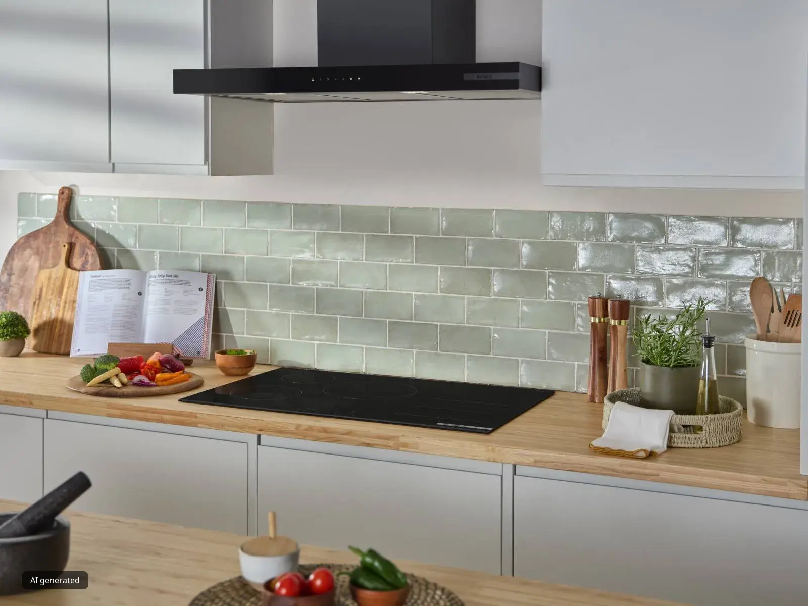 A modern kitchen featuring a black Bosch chimney cooker hood mounted on the wall between white overhead cabinets. Below the hood is a black induction hob set into a warm wood countertop. The wall has a backsplash of sage green subway tiles, and the counter is decorated with a cookbook on a stand, wooden utensils, and potted herbs.