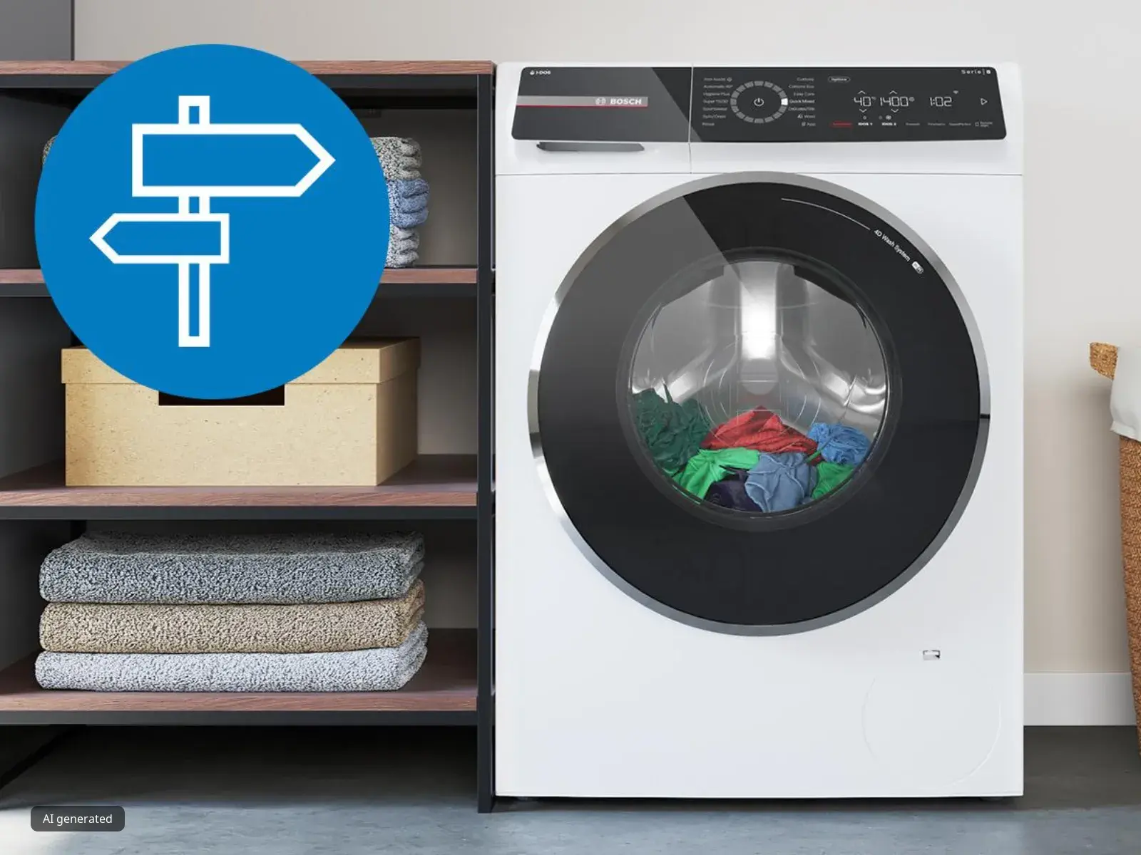 A white Bosch front-loading washing machine with a laundry basket next to it. A single, colorful striped sock is placed on top of the machine. A blue circular icon with a white directional sign is overlaid on the right.