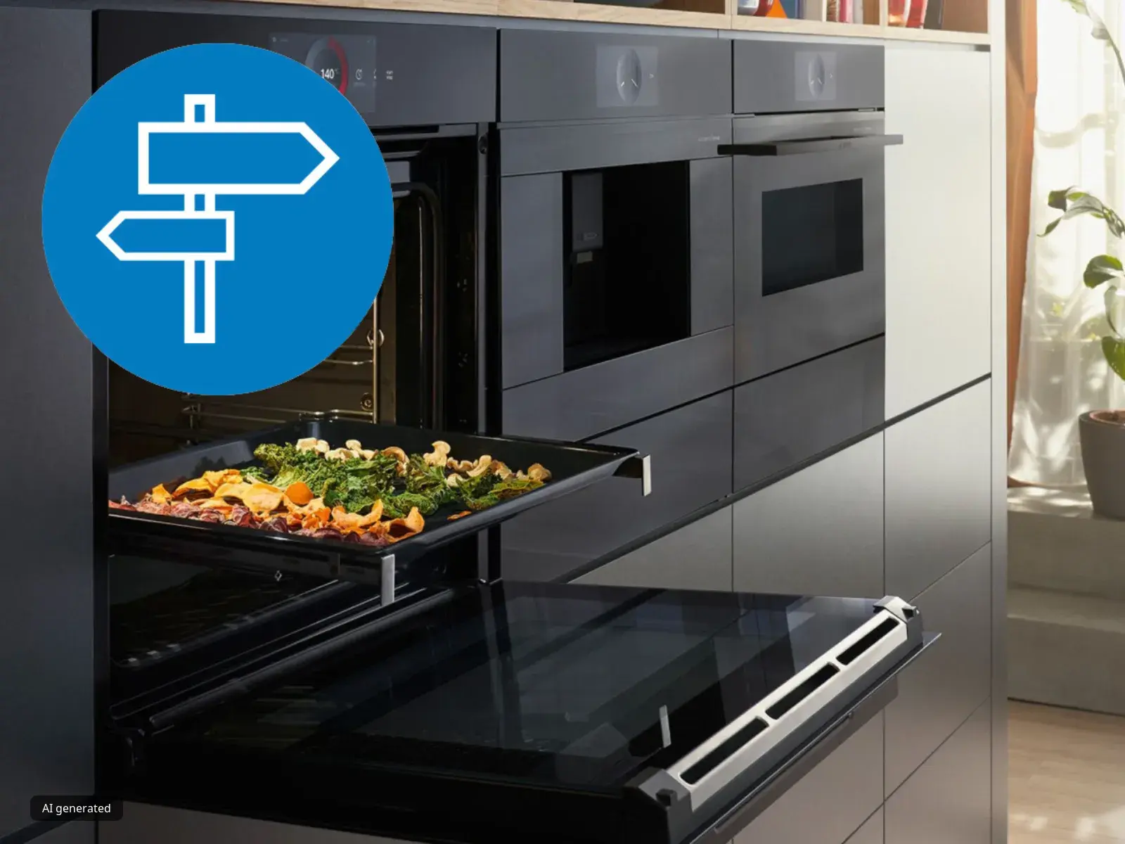 A stainless steel Bosch Series 6 built-in oven installed in a white kitchen cabinet. Food can be seen cooking inside. A dining area with a table and chair is visible in the background. A blue circular icon with a white directional sign is overlaid on the top left.