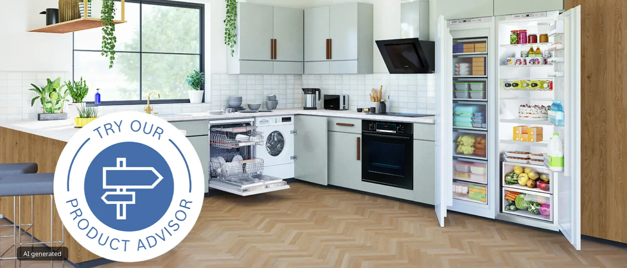 Modern kitchen with white cabinets, appliances, and plants; product advisor icon in corner.