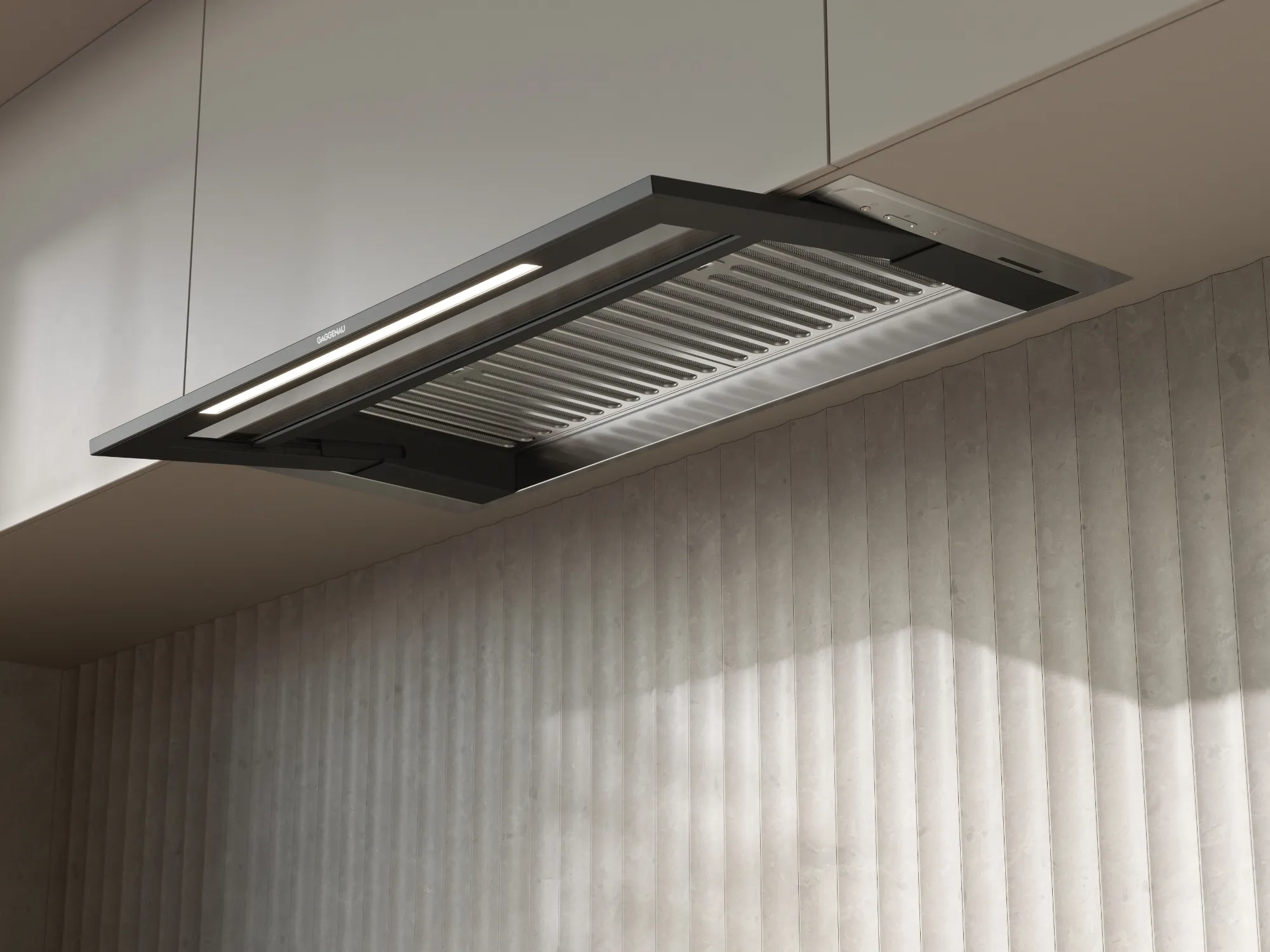 A Gaggenau telescopic hood in a bright luxury kitchen shown from below