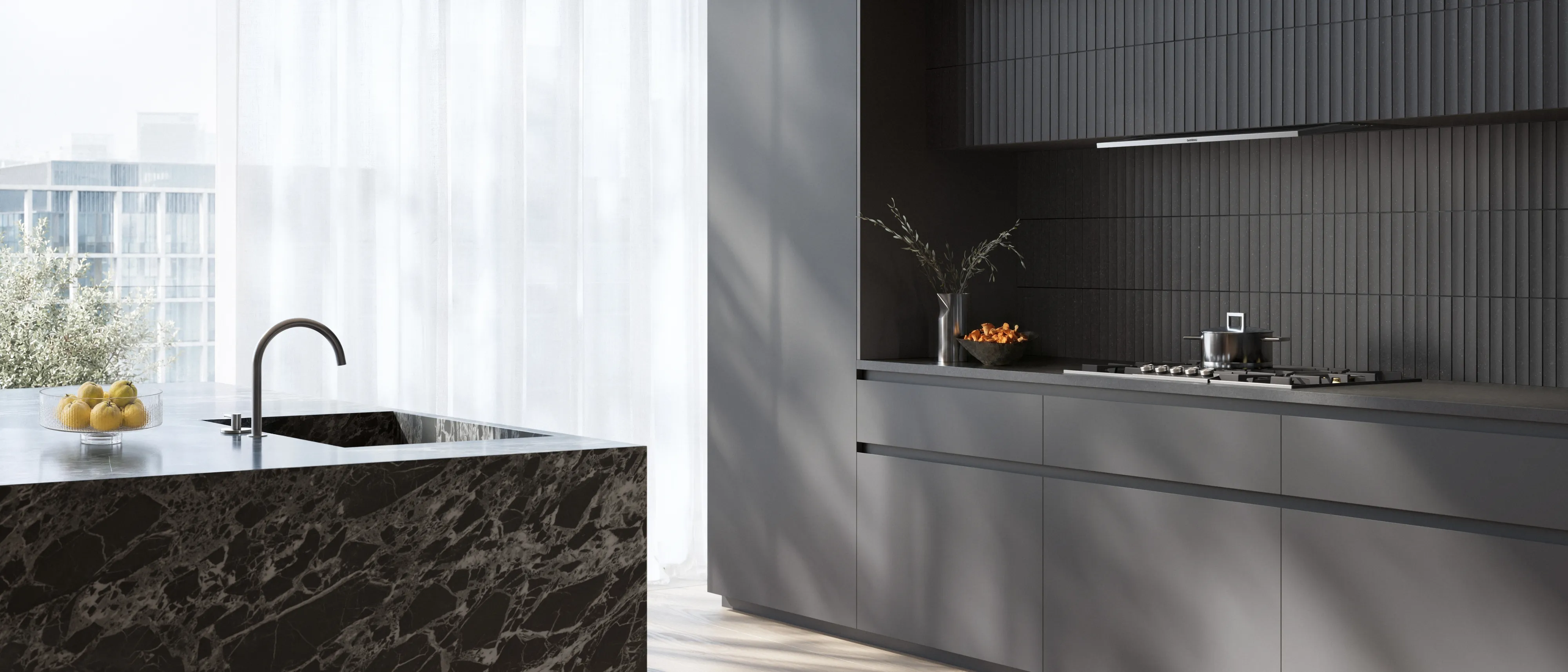 Gaggenau telescopic hood above a gas cooktop in a modern kitchen