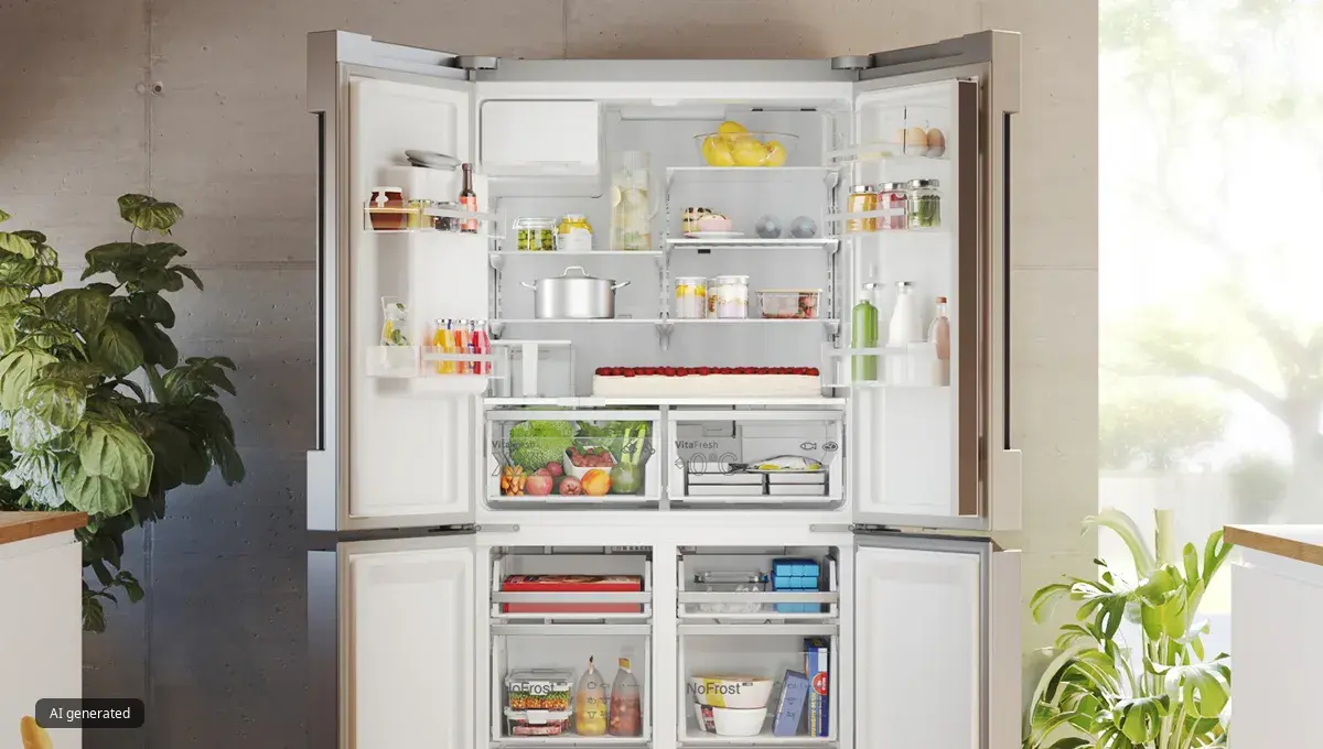 In een lichte, witte keuken staan de dubbele deuren van een vrijstaande koelkast wijd open, waardoor een ruim en overzichtelijk interieur zichtbaar wordt.