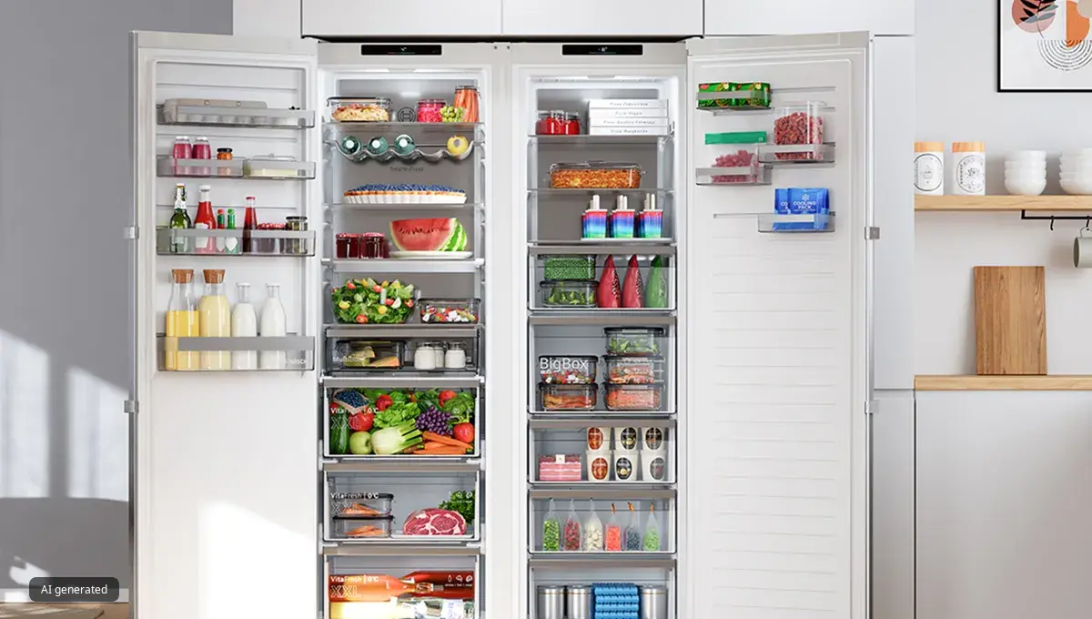 Een open, moderne koelkast vol vers fruit, groenten, drankjes en verpakte etenswaren in een lichte, stijlvolle keuken.