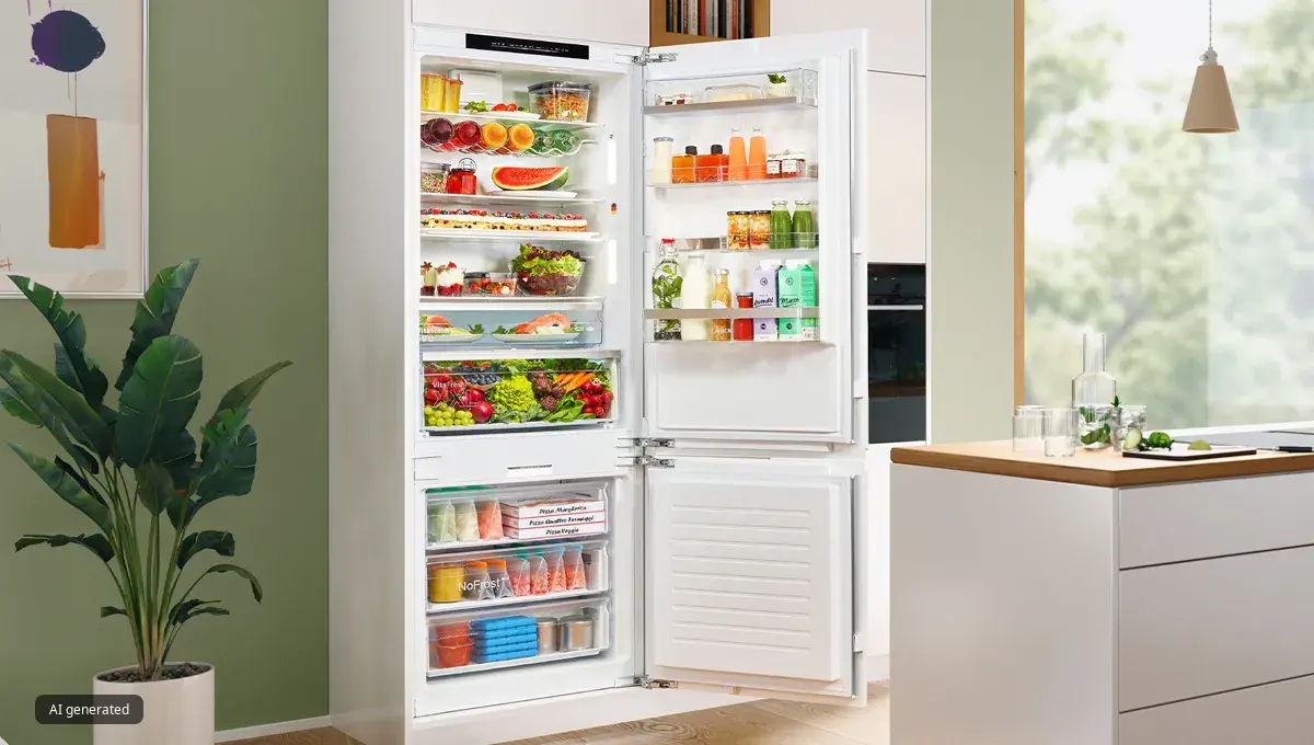 Moderne keuken met witte kasten, houten aanrechtbladen en een goed gevulde koelkast.
