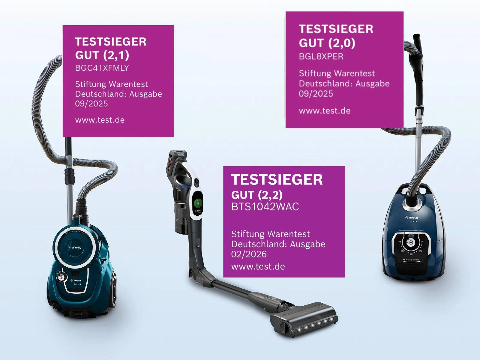 Drei unterschiedliche Bosch Staubsauger-Modelle sind zusammen mit den Auszeichnungen von Testsieger abgebildet.