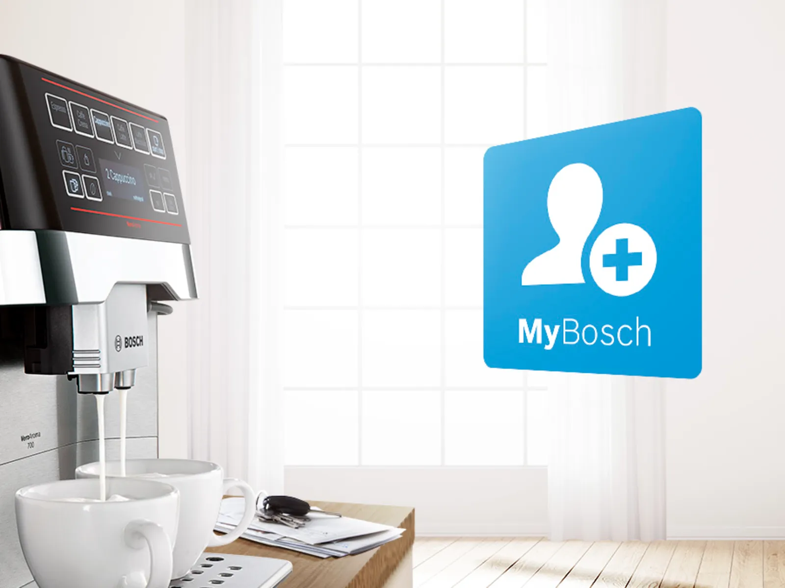 Ein Kaffeevollautomat von Bosch bereitet in einer offenen Wohnküche zwei Tassen Kaffee zu. In der Mitte schwebt das MyBosch-Logo.
