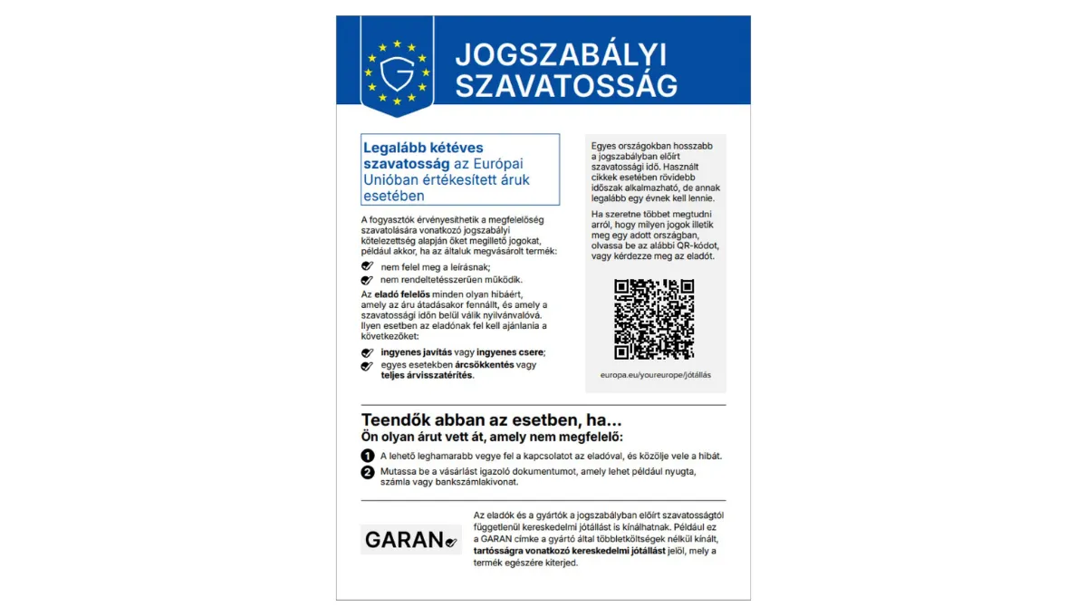 QR-kóddal ellátott címke, amely az Európai Unióban értékesített termékekre vonatkozó kétéves jogszabályi garanciát ismerteti.