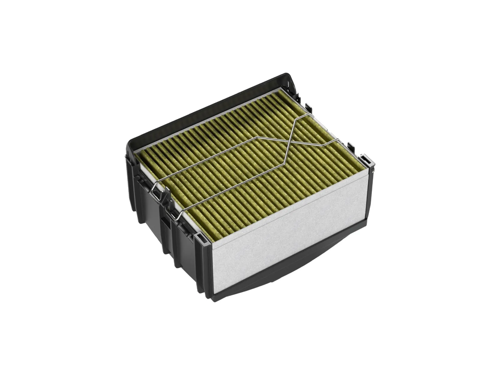 Pleated appliance filter cartridge with a protective metal support frame and durable plastic housing.
