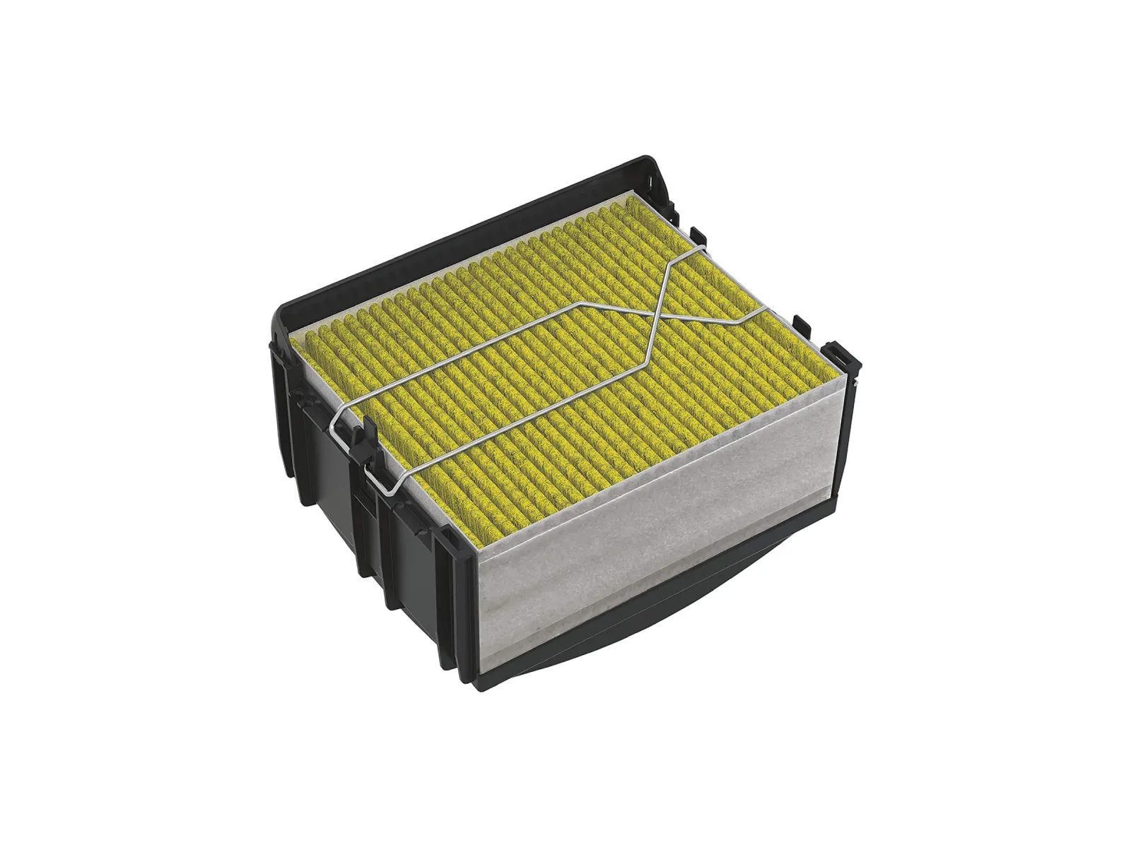 Pleated appliance filter cartridge with a protective metal support frame and plastic housing.