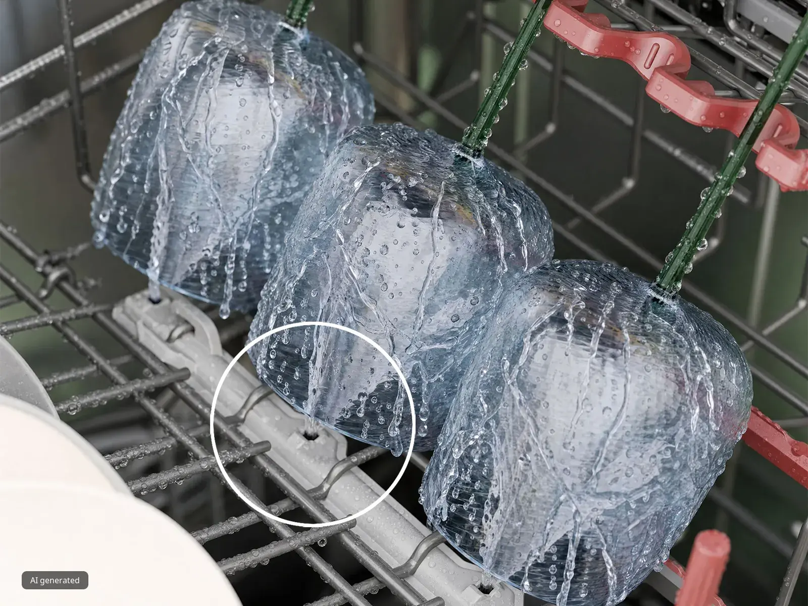 Nahaufnahme der Crystal Clean Zone im Oberkorb eines NEFF Geschirrspülers. Gezielte Wasserstrahlen reinigen Weingläser und andere Glasformen gründlich und schonend.