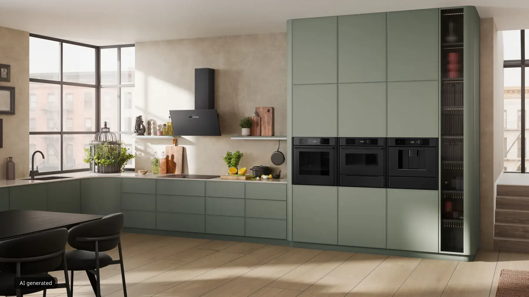 Moderne salbeigrüne Küche mit mattschwarzen NEFF Einbaugeräten, darunter Backofen, Kompaktbackofen, Kaffeevollautomat, Induktionskochfeld und Dunstabzugshaube.