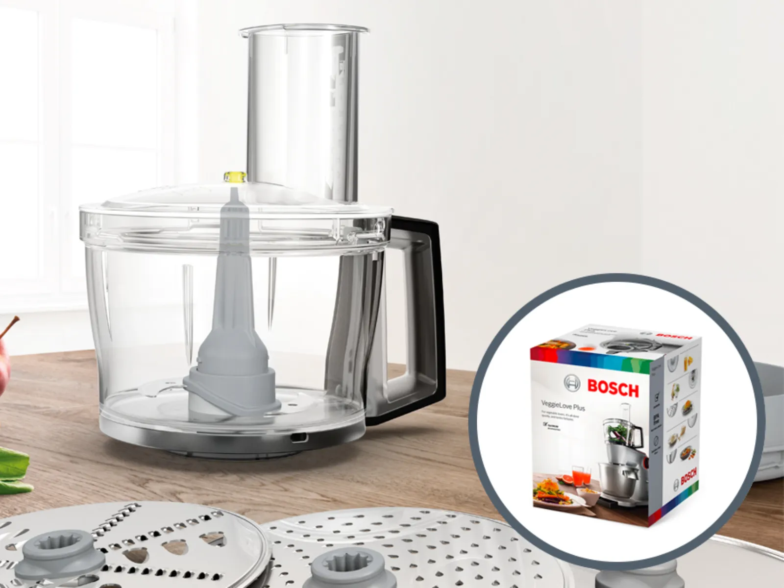 Food processor, vegetables, kitchen appliance, Bosch box, wooden surface.