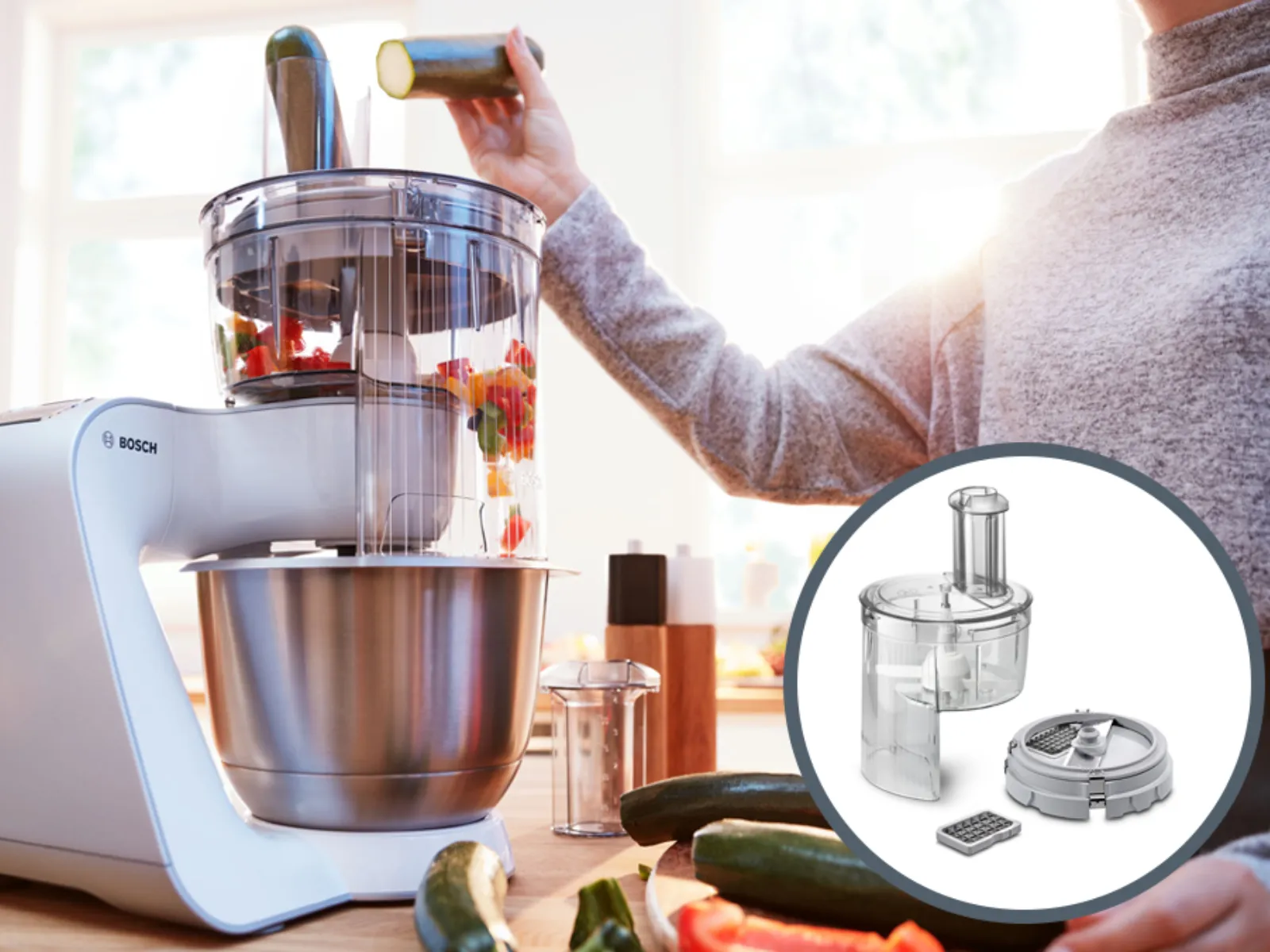 Kitchen appliance, food processor, vegetables, countertop, kitchen utensils, cooking, food preparation.