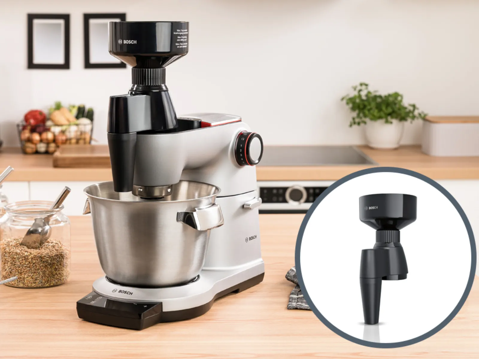 Kitchen appliance, stand mixer, food preparation, cooking, baking, utensils, countertop, wooden surface.