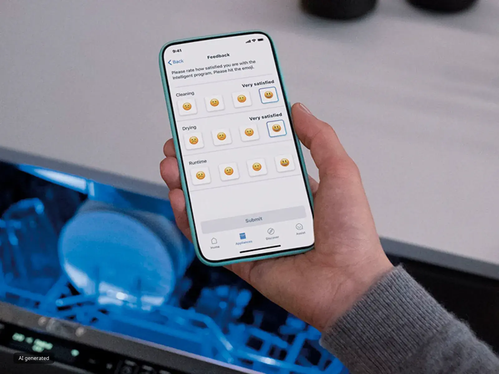 unto a un lavavajillas integrable abierto, una mano sostiene un móvil con la app de Home Conect en la pantalla del Programa Inteligente del lavavajillas Siemens