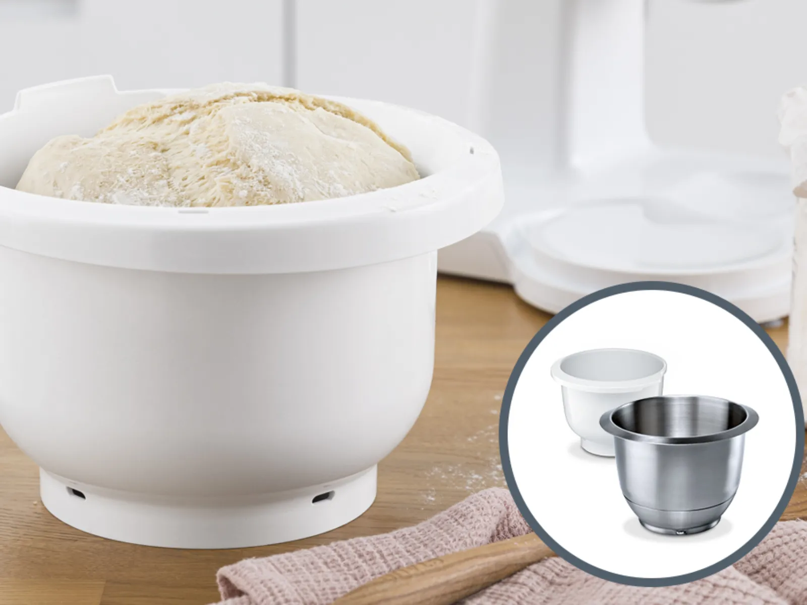 White mixing bowl with dough, wooden surface, kitchen utensils, and a close-up of a stainless steel mixing attachment.