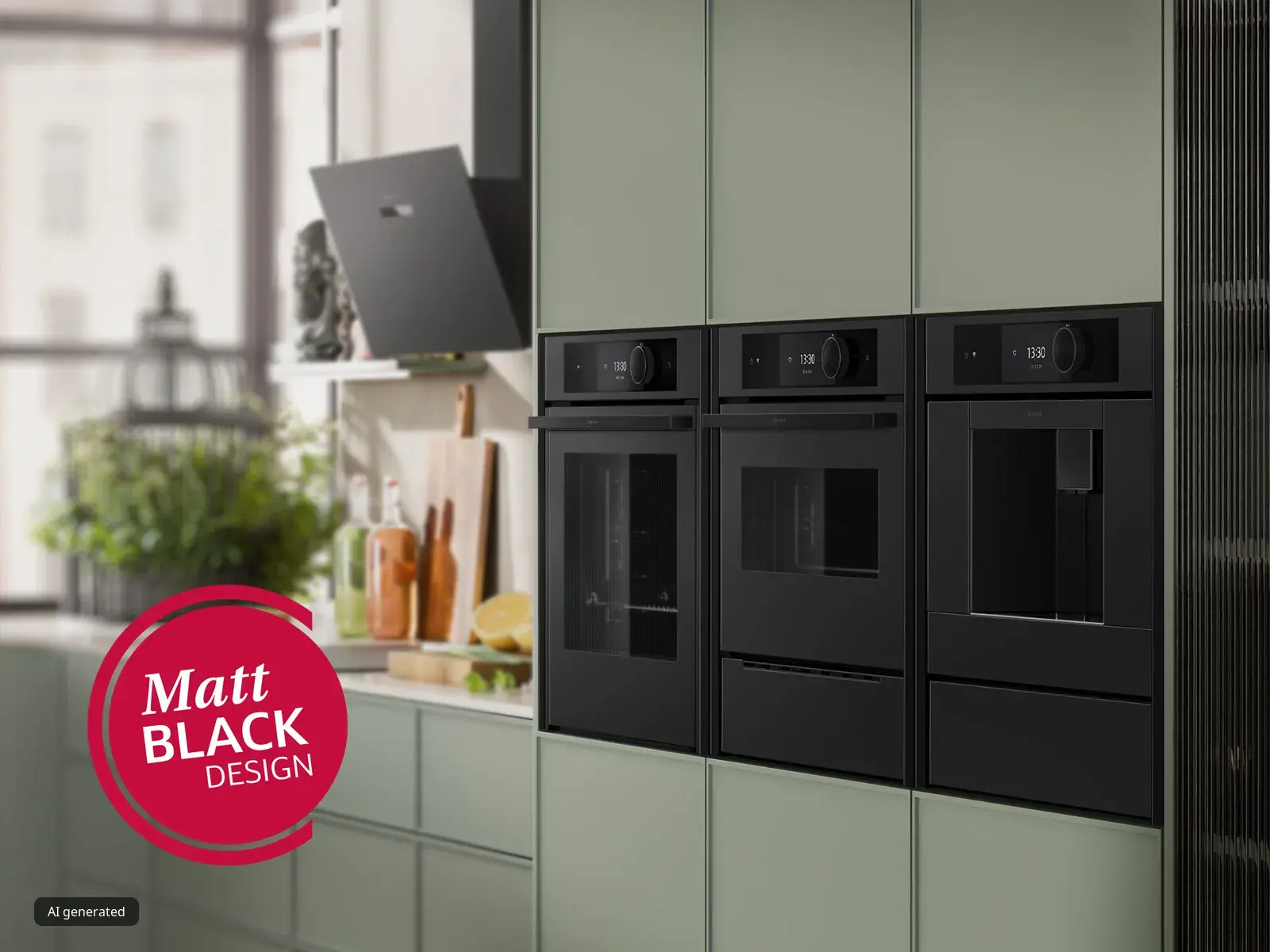 Moderne salbeigrüne Küche mit mattschwarzen NEFF Einbaugeräten, darunter Backofen, Kompaktbackofen, Kaffeevollautomat, Induktionskochfeld und Dunstabzugshaube.