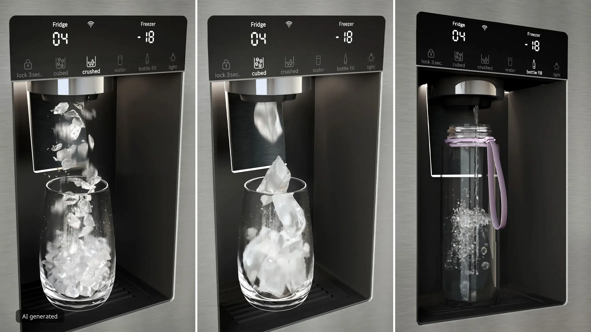 Eis- und Wasserspender eines Bosch Kühlschranks mit Crushed Ice, Eiswürfeln und BottleFill Funktion.