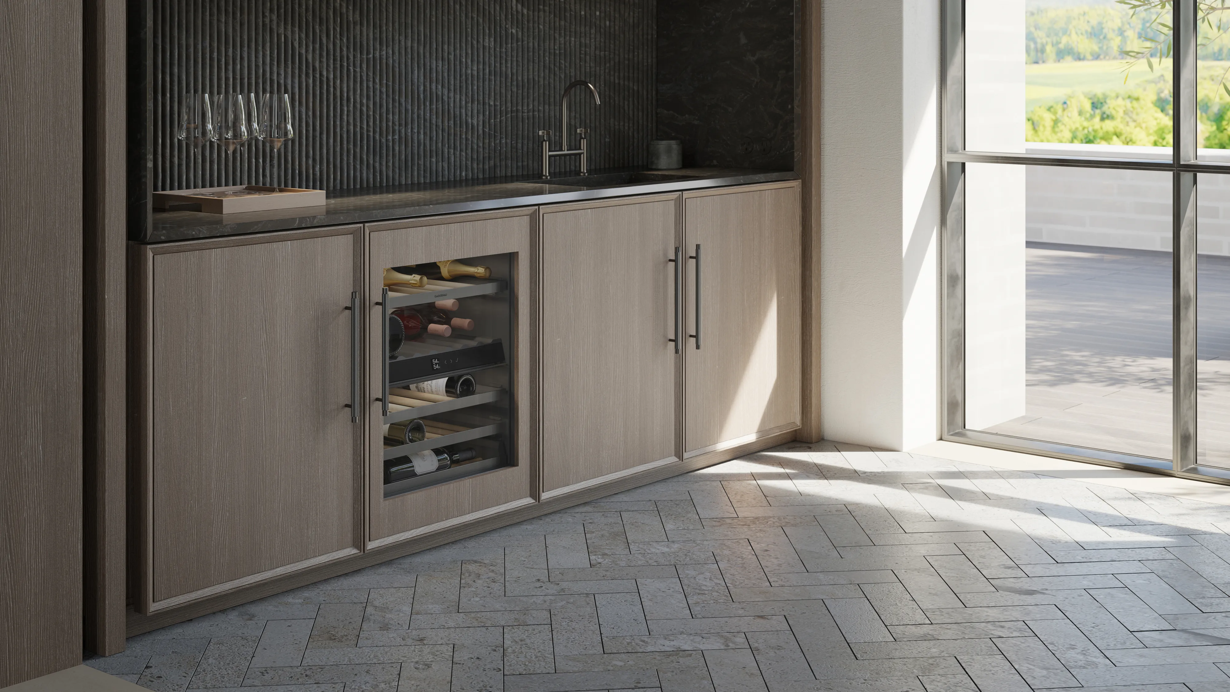 A gaggenau 200 series under counter wine cabinet in a modern luxury kitchen
