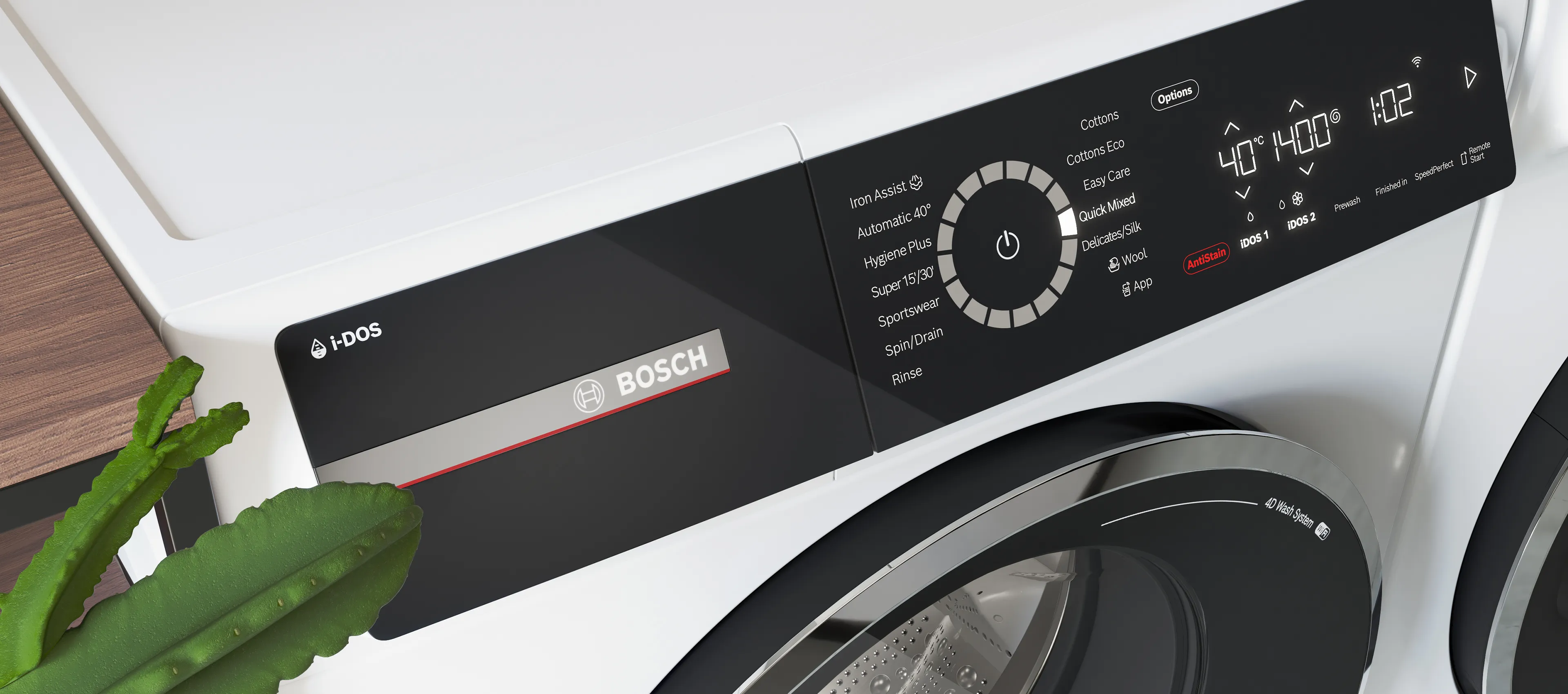 Kontrollpanel på en Bosch-tvättmaskin med Sportswear bland programvalen.