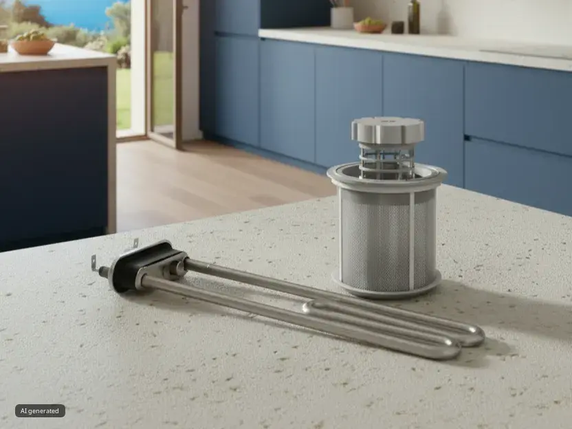 Piezas de repuesto sobre encimera en cocina con muebles azules y blancos.