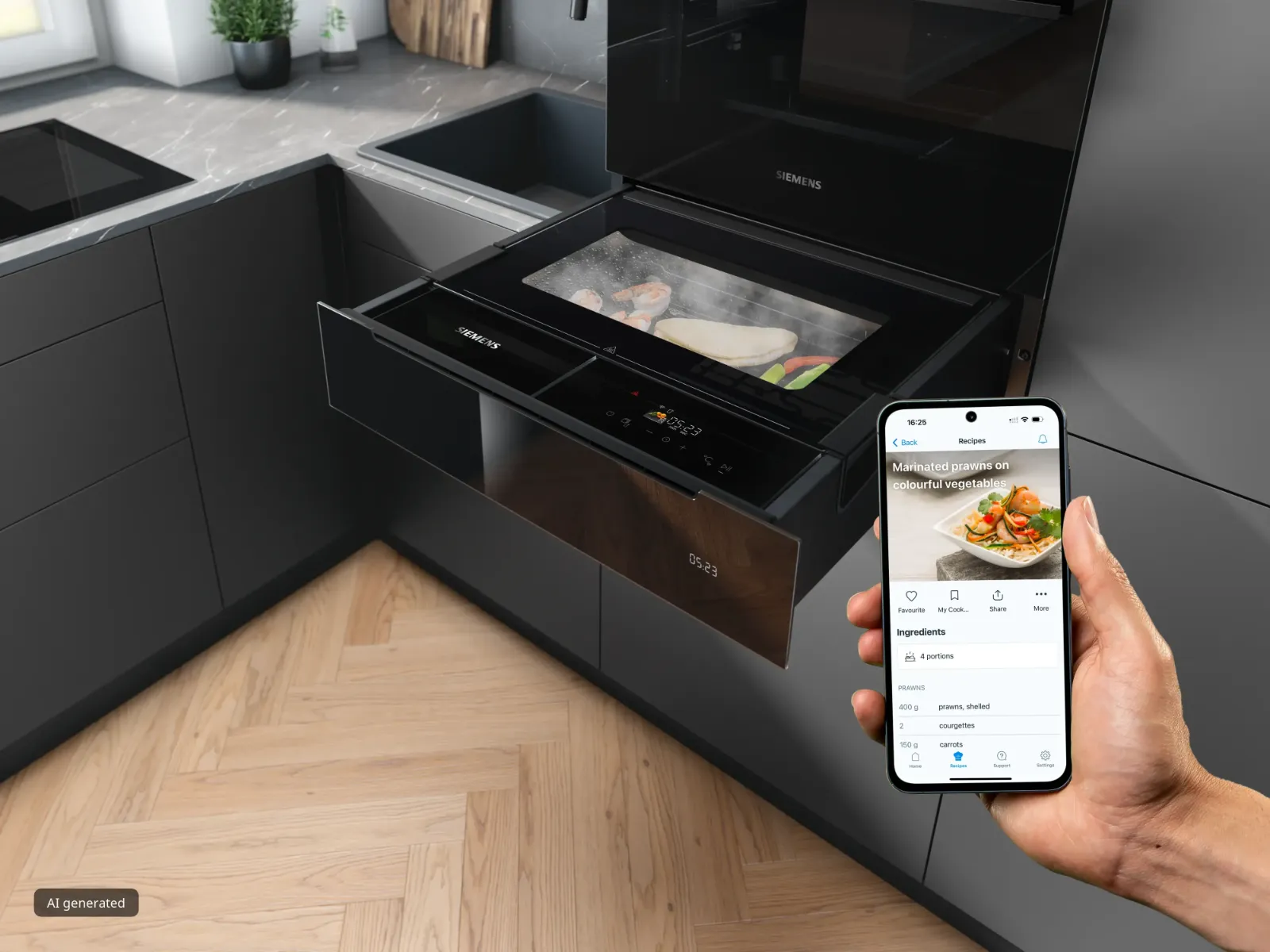 Moderne keuken met een Siemens stoomoven die zeevruchten en groenten bereidt, en een persoon die een smartphone vasthoudt met een receptenapp voor gemarineerde garnalen.