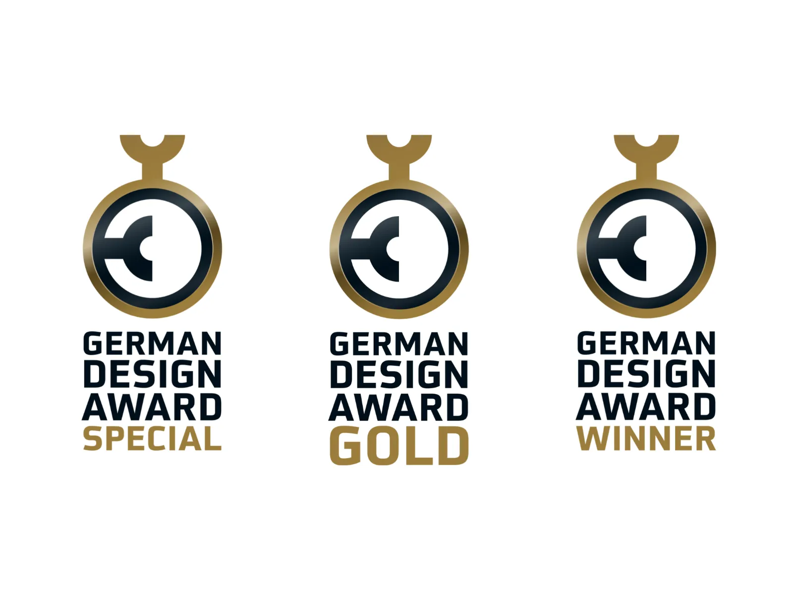 Drei Logos des German Design Awards: "Special", "Gold" und "Winner", jeweils mit einer goldenen Medaille und einem stilisierten "C" in einem Kreis.