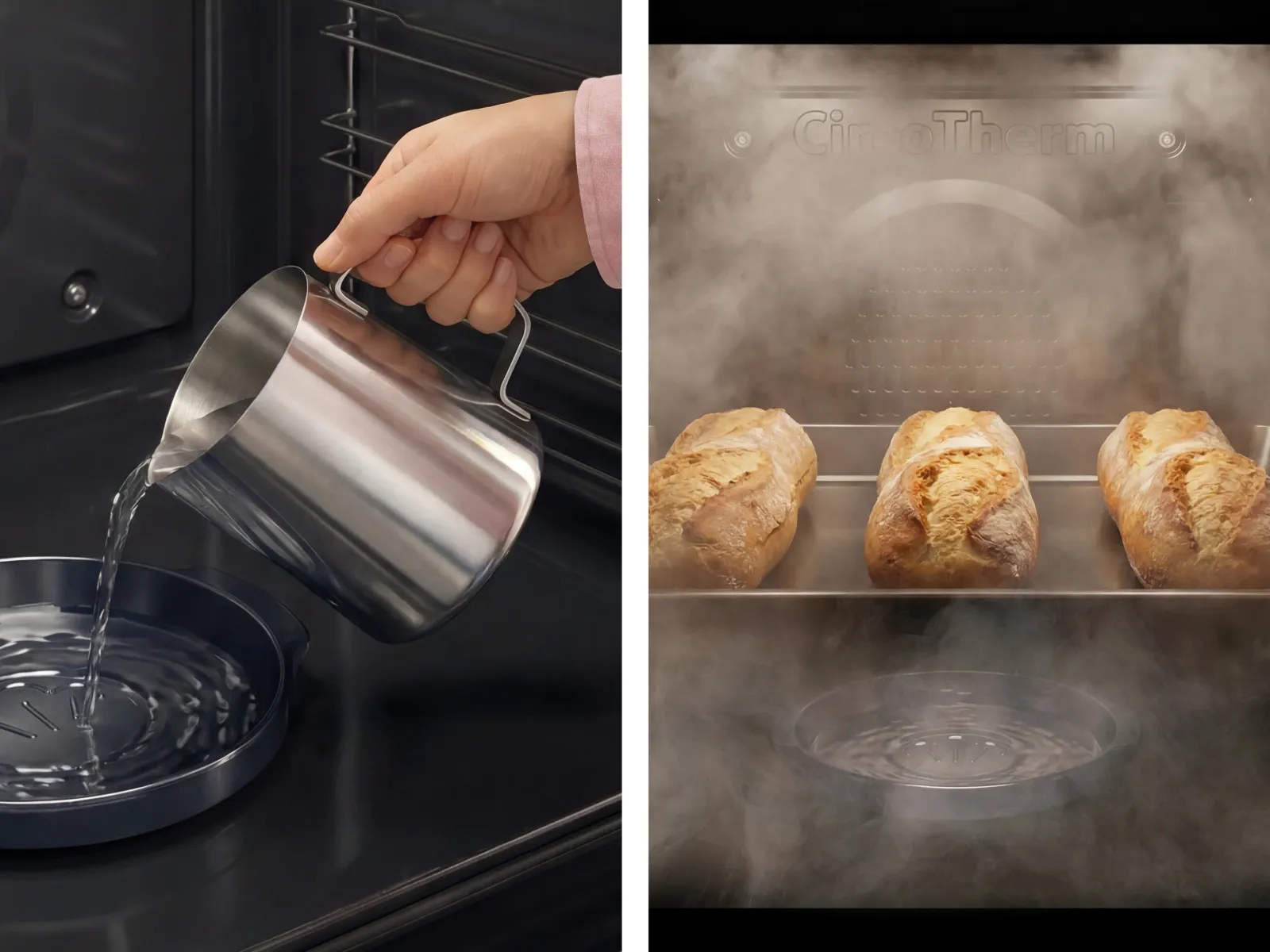 Wasser wird in die Wasserschale eines NEFF Backofens mit Base Steam gefüllt, während Brot mit Dampf gebacken wird.