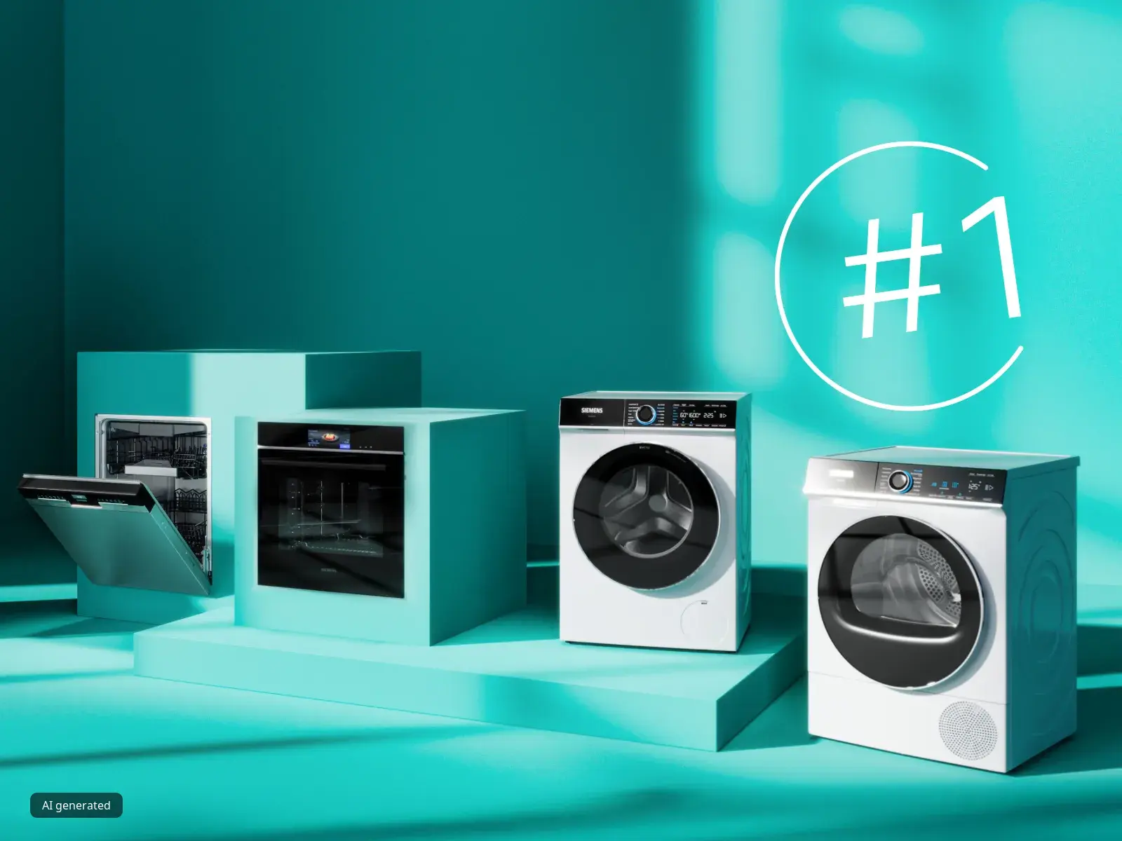 Fünf Siemens Haushaltsgeräte (Kühlschrank, Geschirrspüler, Backofen, Waschmaschine, Trockner) stehen auf türkisfarbenen Podesten vor passendem Hintergrund, mit einer großen weißen "#1" in einem Kreis oben rechts.