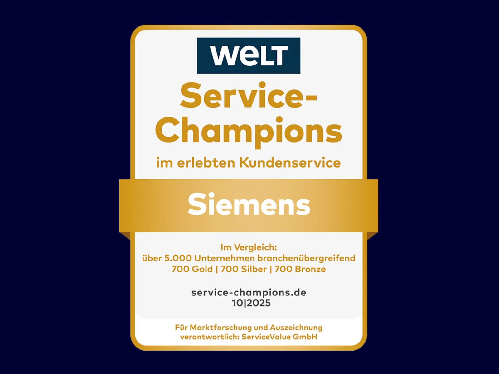 Auszeichnung "WELT Service-Champions im erlebten Kundenservice" für Siemens, datiert 10|2025, basierend auf einem Vergleich von über 5.000 Unternehmen.