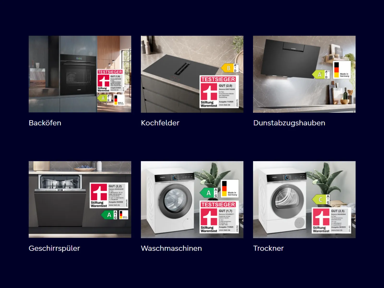 Sechs BSH-Haushaltsgeräte (Backöfen, Kochfelder, Dunstabzugshauben, Geschirrspüler, Waschmaschinen, Trockner) mit Stiftung Warentest-Auszeichnungen (Testsieger/GUT) und Energieeffizienzlabels, teilweise "Made in Germany".