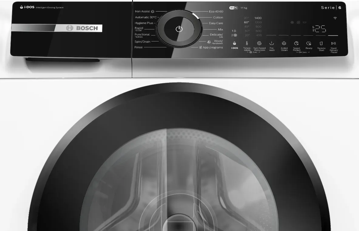 Friluftskläder med tvättmaskinens programvred på Bosch Serie 6 tvättmaskin, frontmatad 11 kg och 1400 varv/min, modell WGN264AESN. 