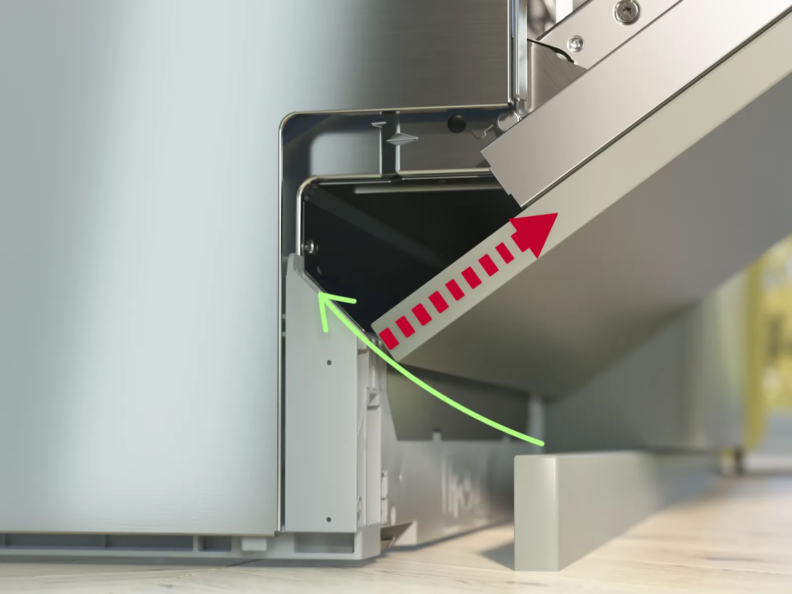 Detailaufnahme eines mechanischen Scharniersystems mit Richtungspfeilen an einer Geräte-Metalltür bei der Montage.