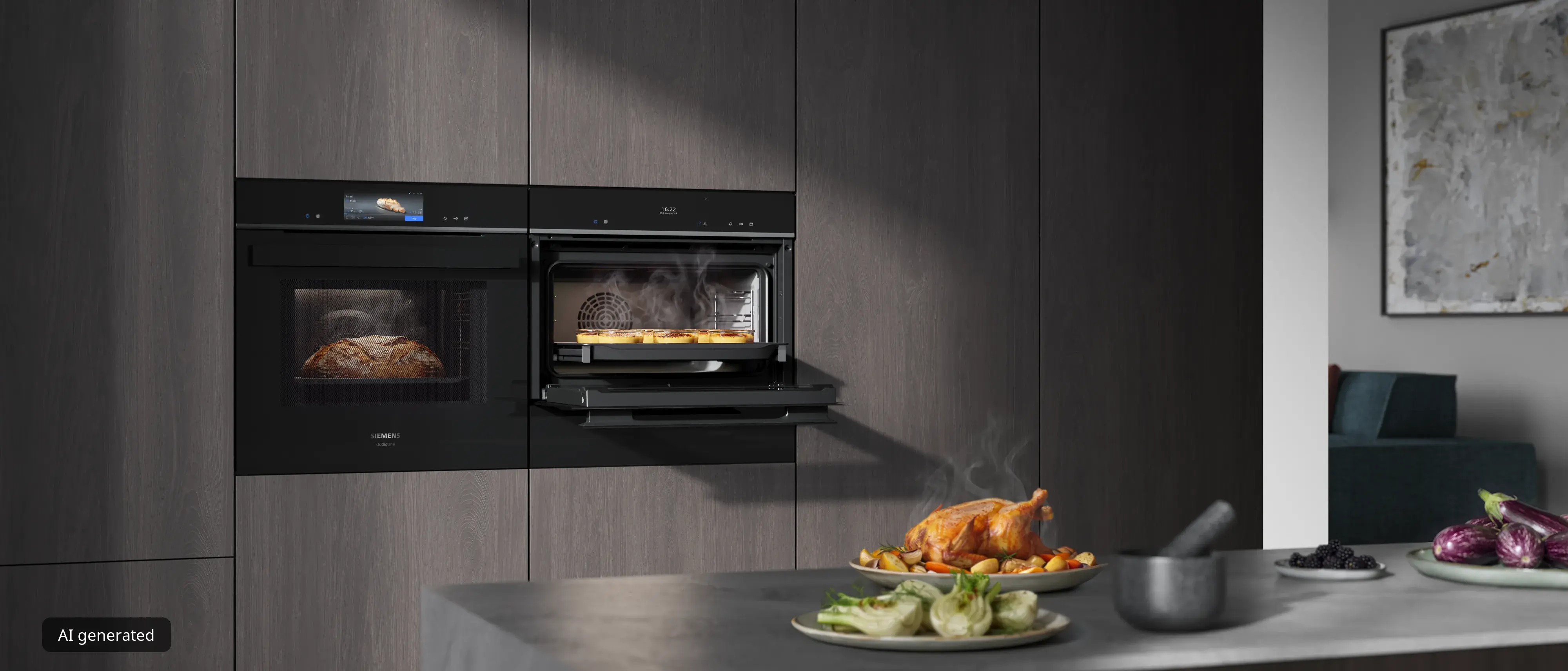 Appareils électroménagers de cuisine encastrables noirs Siemens, dont des fours et une machine à café, pour une expérience culinaire moderne et fluide.