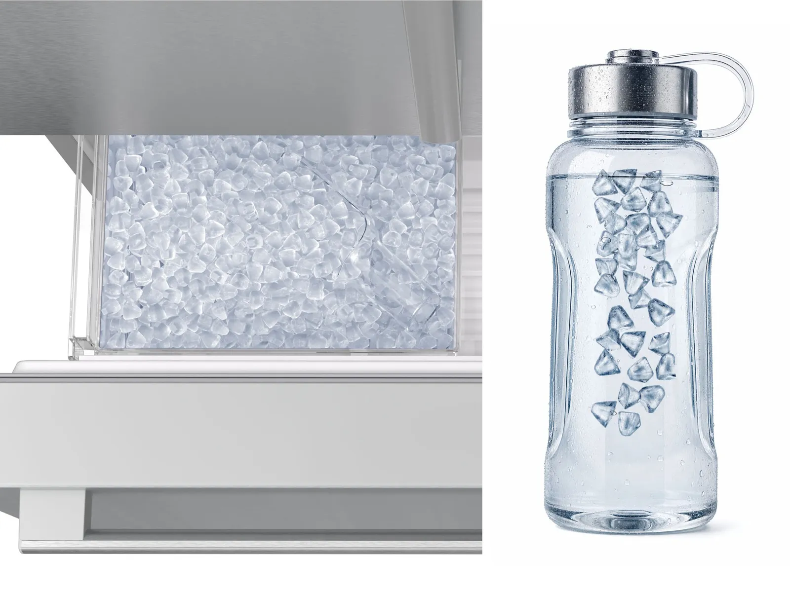 PureMini ice maker inside Bosch refrigerator and a water bottle filled with ice 