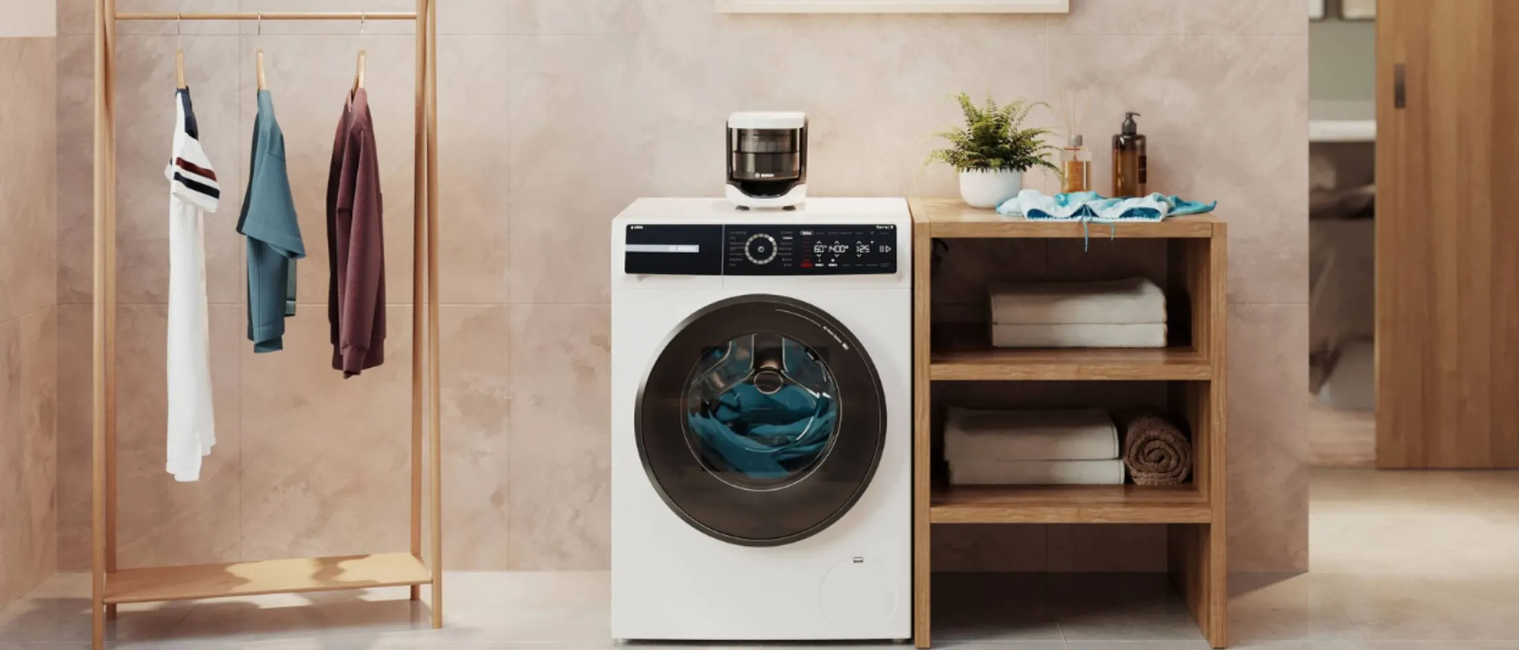 Bosch washing machine and tumble dryer stacked in a laundry room