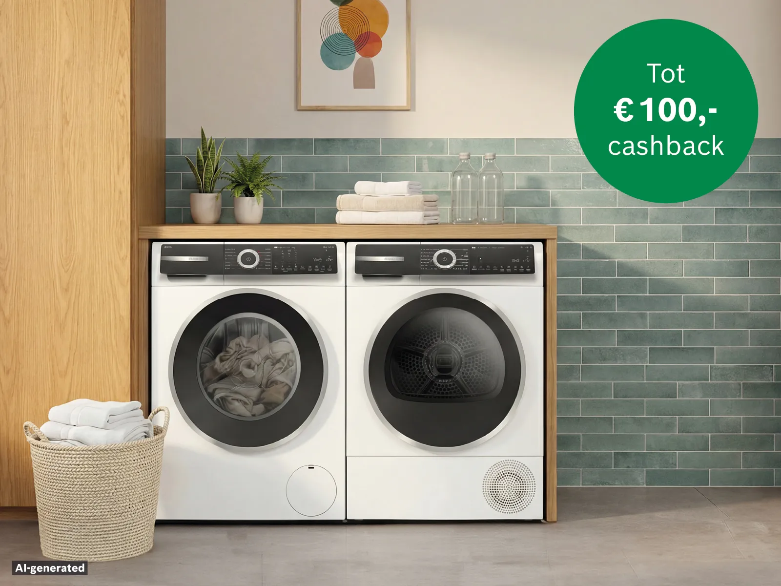 Bosch wasmachine en droger naast elkaar in een moderne wasruimte met groene tegels, met promobadge 'Tot €100,- cashback'