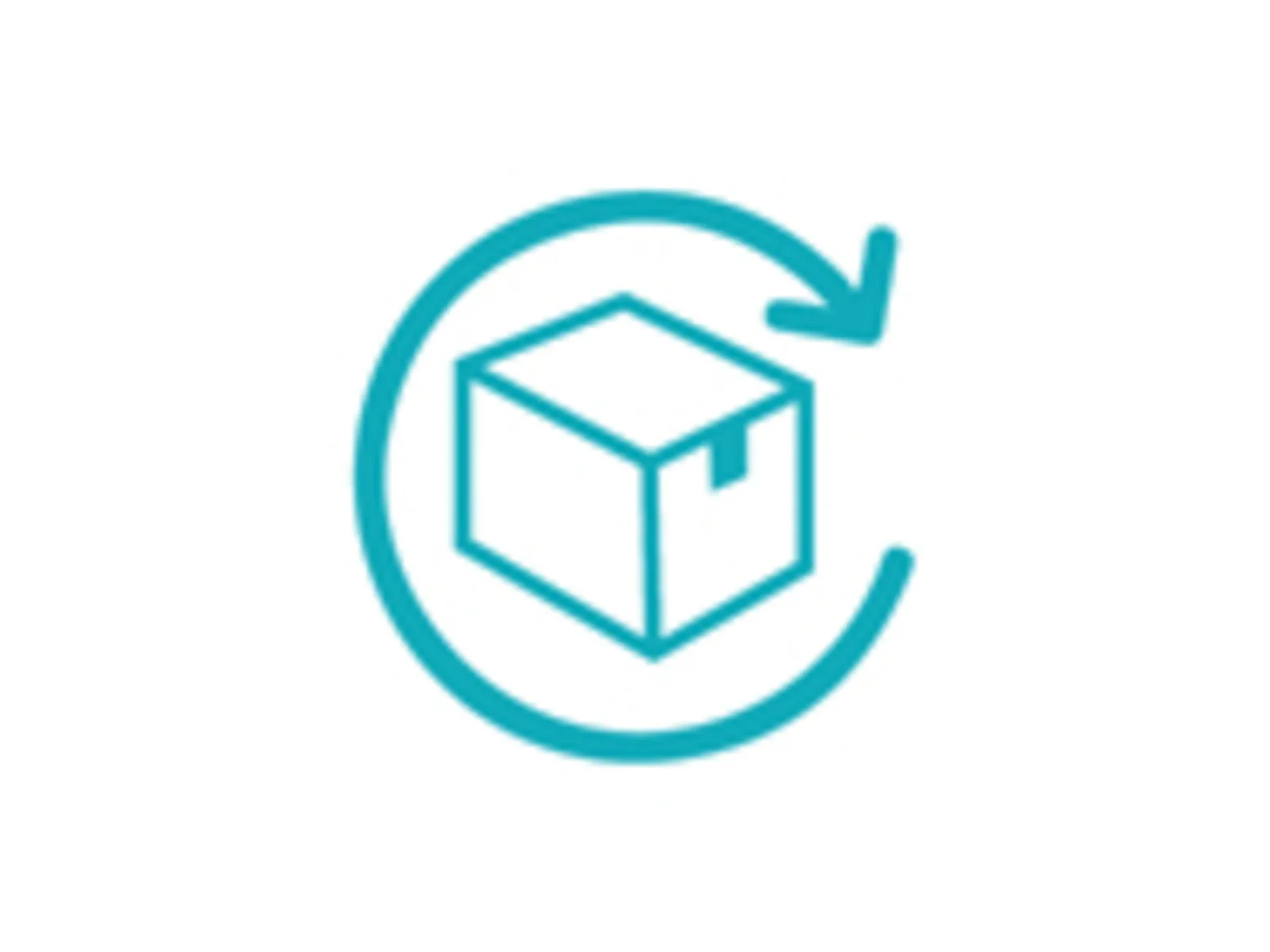 De afbeelding toont een turquoise-gekleurde pictogram afgebeeld een kubus met een pijl rond het, die het concept van levering of verzending vertegenwoordigt.