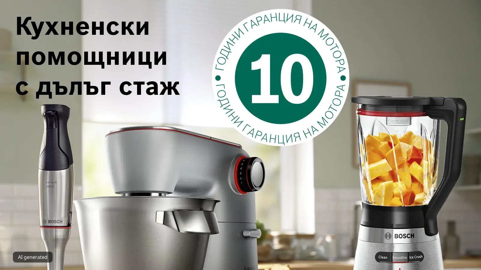 10-годишна гаранция на мотора за блендери Vita Power Серия 4, кухненска машина OptiMUM, MUM6, месомелачки Серия 6 и пасатори Ergo Master Серия 6