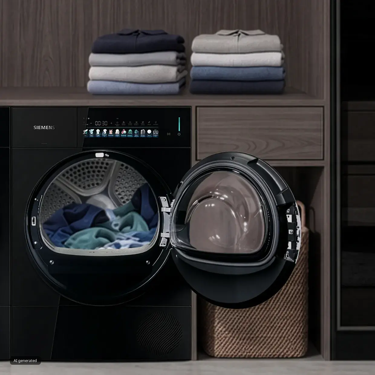 Open black front-loading washing machine with colorful clothes inside, beside stacked folded laundry in a wood-paneled laundry room.