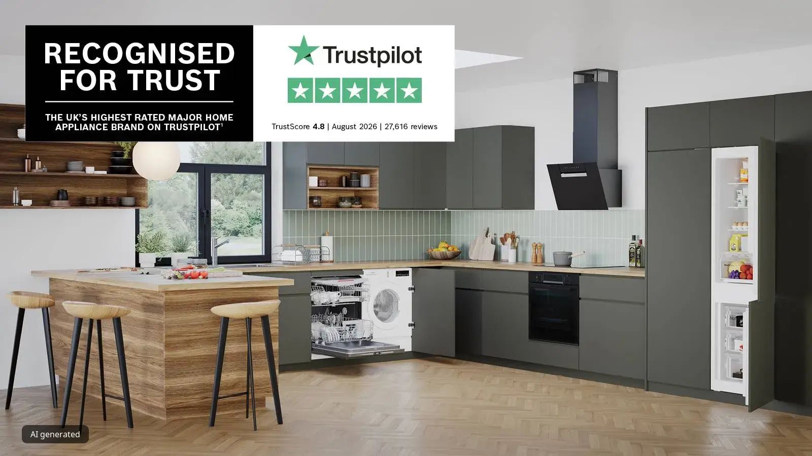 Modern kitchen with Bosch appliances and Trustpilot logo