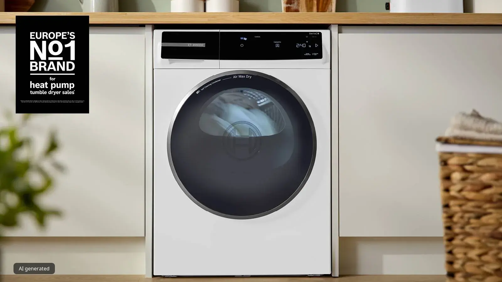 Bosch tumble dryer appliance in kitchen under countertop