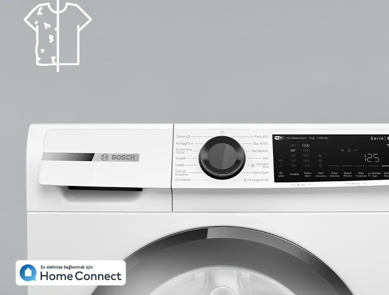 Bosch Home Connect çamaşır makinesi ve temiz beyaz gömlekler.