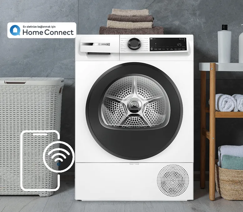 Siyah kapaklı beyaz Bosch Home Connect kurutma makinesi.