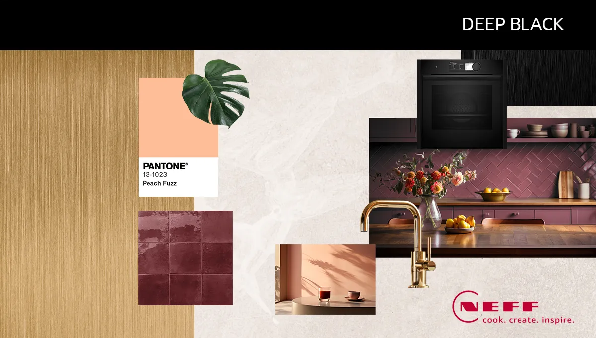 Farbpalette in „Peach Fuzz“, moderne Küche mit schwarzen Geräten, Neff-Markenausstattung, natürliche Elemente.