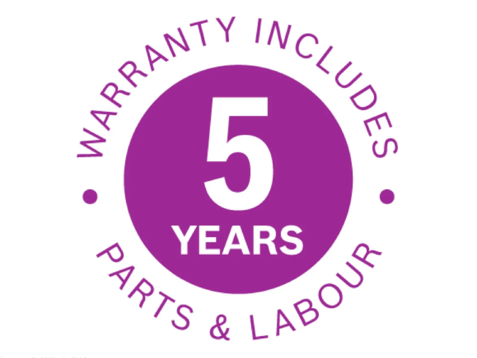 Purple circular warranty badge with a large "5 YEARS" in the center and the surrounding text "WARRANTY INCLUDES · PARTS & LABOUR."